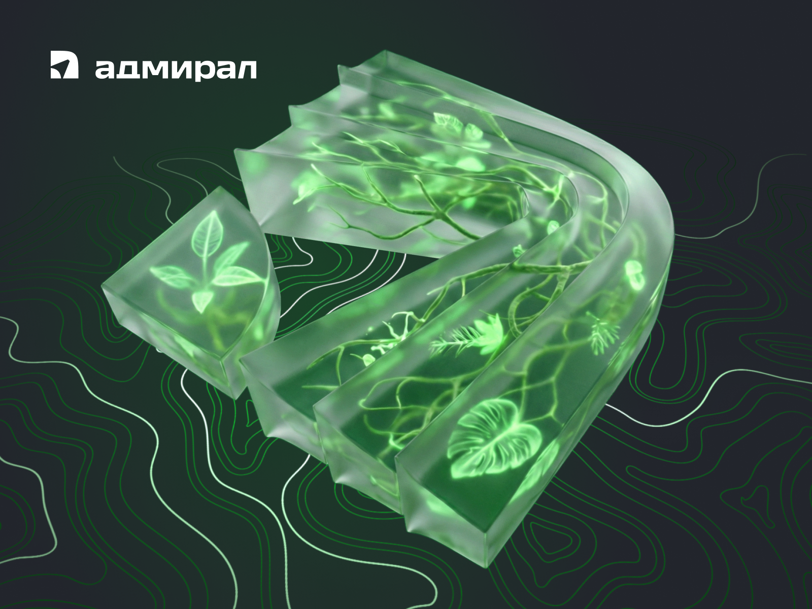 Admiral Design System — Ecosystem Concept 3d abstract branding dark mode data visualization design system ecosystem futuristic glassmorphism green organic tech presentation slide design ui design