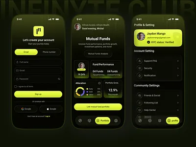 Investment Dashboard App UI app concept dark mode ui dashboard ui data visualization design interface design investment investment app ios app mobile mobile app design modern ui mutual funds neon ui payments portfolio dashboard saas startup design ui design ux design