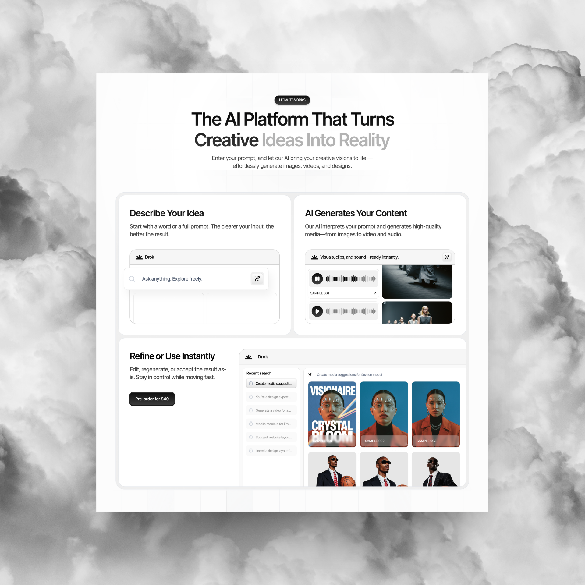 How it works section ui design ai ai platform ai tools ai website clean ui figma how it works landing page light design light ui minimal minimal design saas section section ui step by step ui typography ui uiux