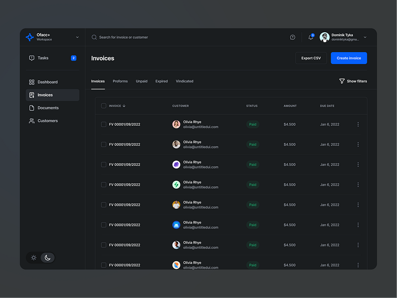 Invoices - Accounting Web App [DARK MODE] accounting app application darkmode design desktop finance invoice invoices modern tab table tables tabs ui ui design uidesign ux vibrant webapp