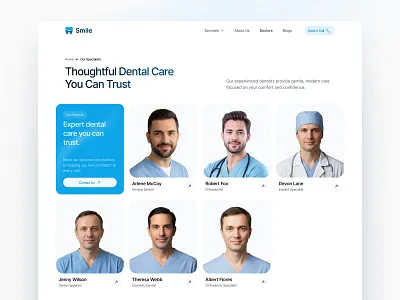 Dental Clinic Specialists Website UI b2c healthcare design clean website ui clinic website design dental clinic website dental website ui dentist website ui doctor listing ui doctor profile ui figma web design healthcare landing page healthcare ui design healthcare website design medical landing page ui medical professionals ui medical service website medical web design modern medical ui patient friendly ui professional website ui web ui ux