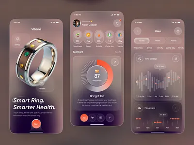 Smart Ring Health App UI — Sleep, Readiness & Wellness Tracking activity app fitnessapp glassmorphism healthapp healthtracking mobile mobileapp productdesign sleep tracking app sleeptracking smart ring smartring tracking app ui ux wearable