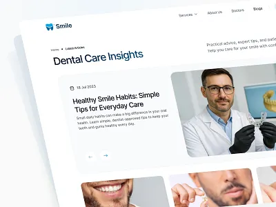 Dental Care Blog & Articles Website UI b2c healthcare ui blog landing page ui clean web ui clinic blog ui dental blog ui dental care website dentist blog design doctor blog ui figma website design health blog ui health tips website healthcare blog design healthcare web ui medical articles ui medical content website medical education ui medical website layout modern healthcare design patient education ui web ui ux