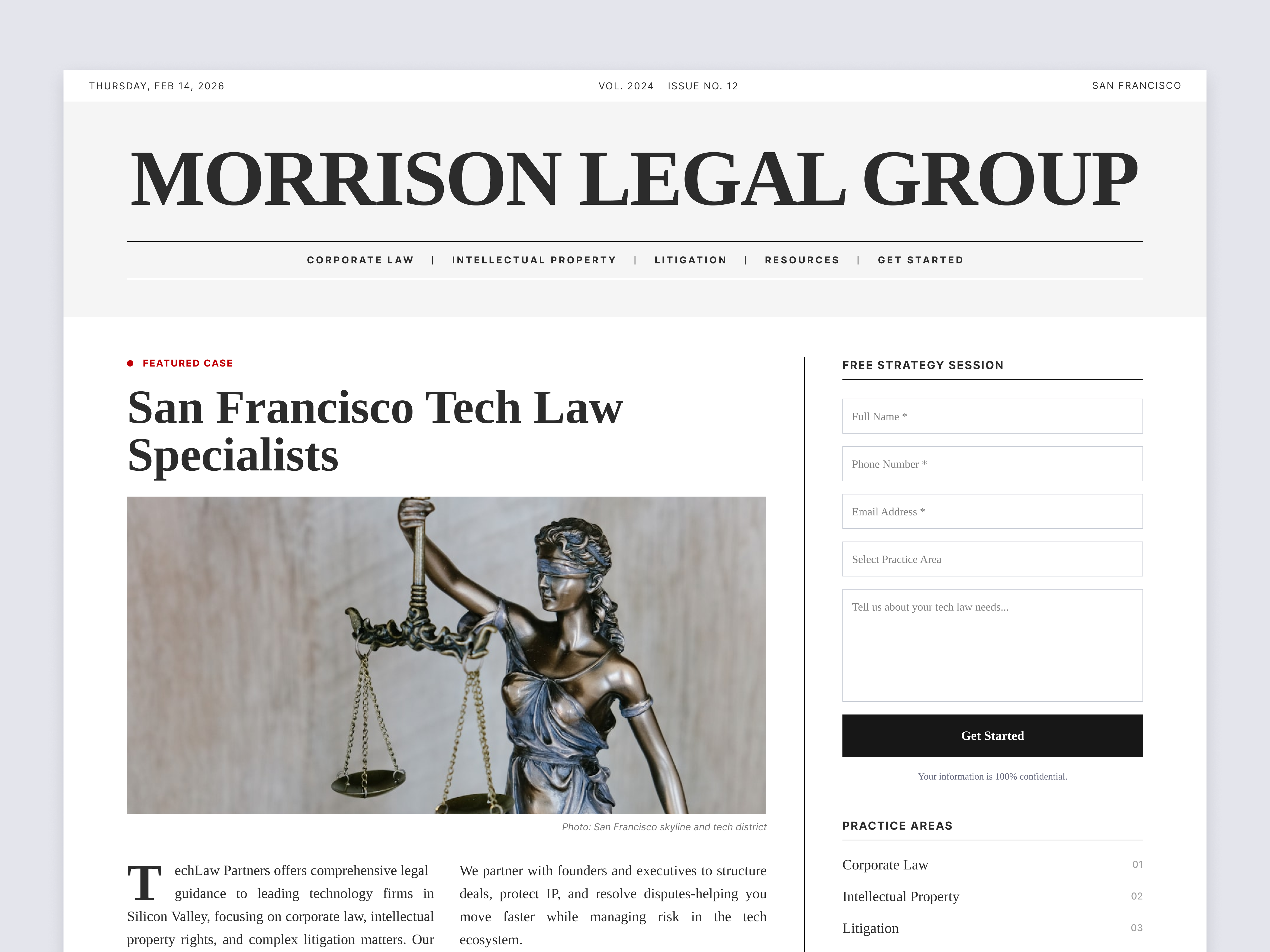 Modern Editorial Law Firm Website UI Design clean web design corporate law mockup editorial web design grid system landing page inspiration law firm landing page law firm website legal tech legal ui design minimal ui newspaper layout portfolio mockup san francisco tech typography design white space design zendeeps