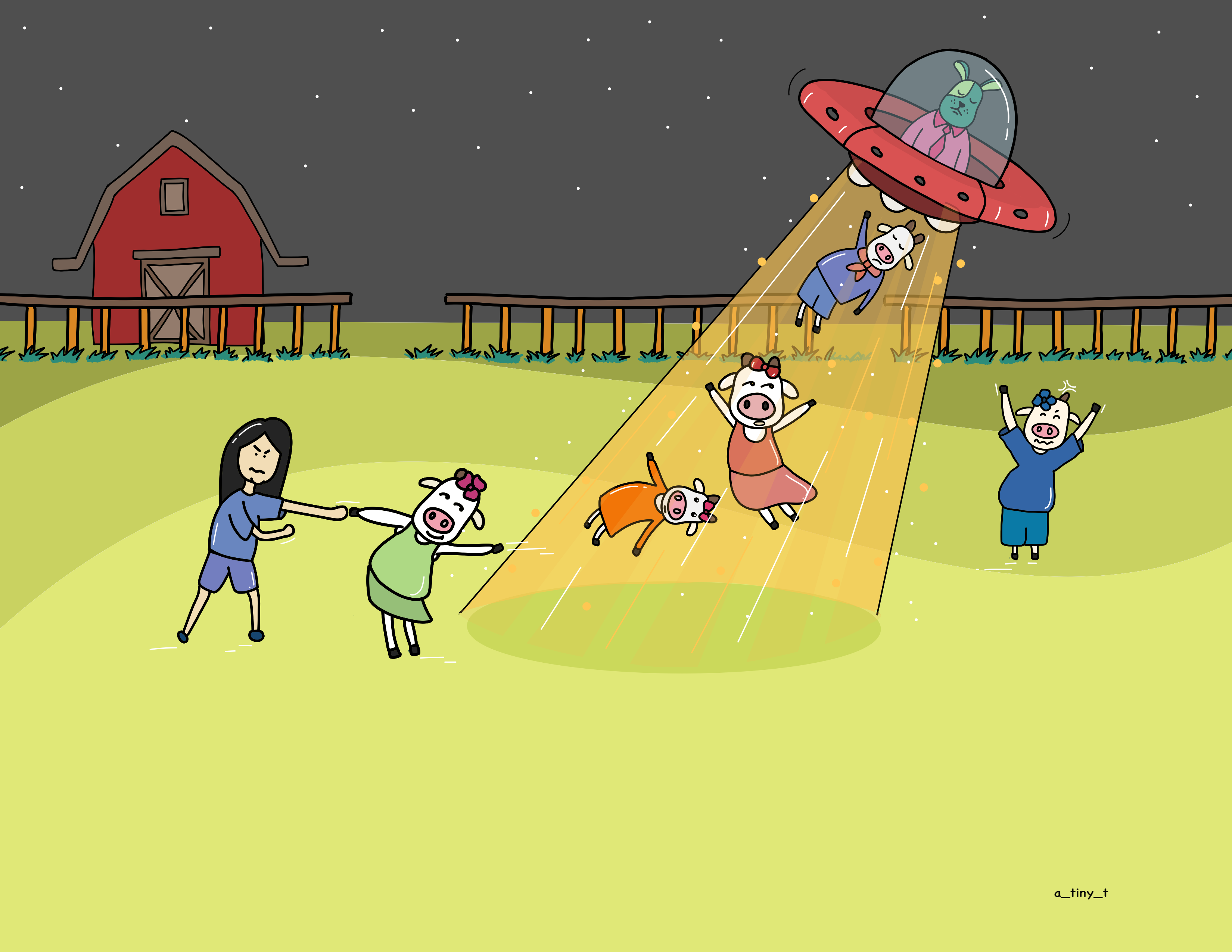 Don't take my cows away art caricature character design cow cute drawing graphic design illustration naughty solid ufo vector