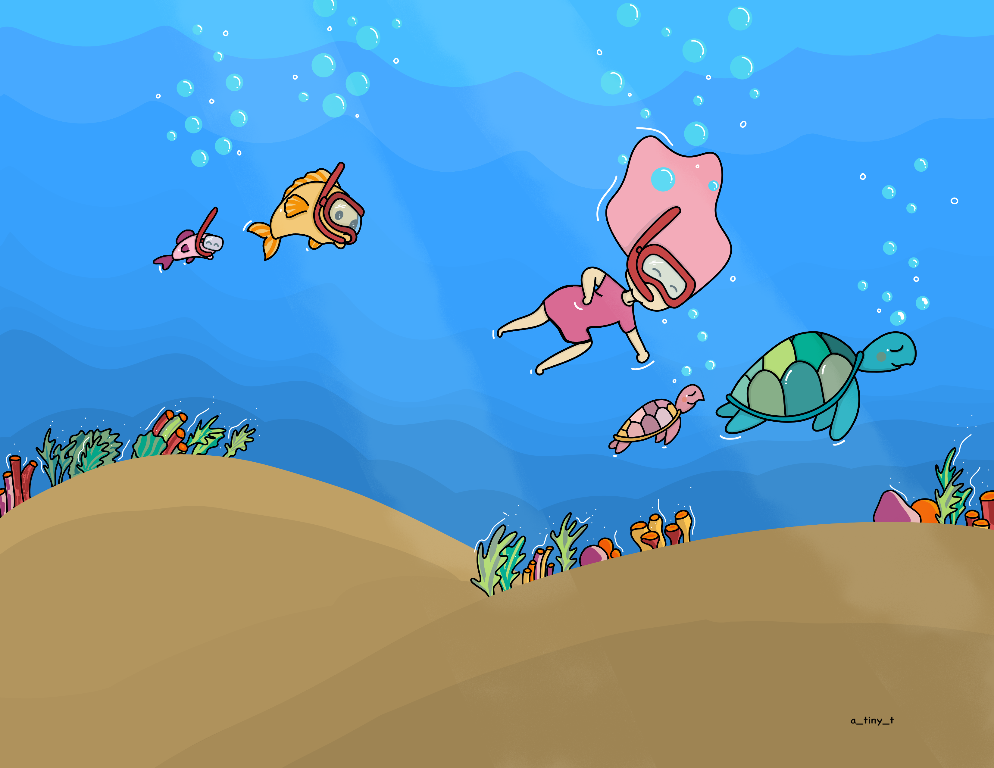 Snorkeling with the fish adventure art character design cute drawing fish graphic design illustration snorkel solid turtle underwater vector