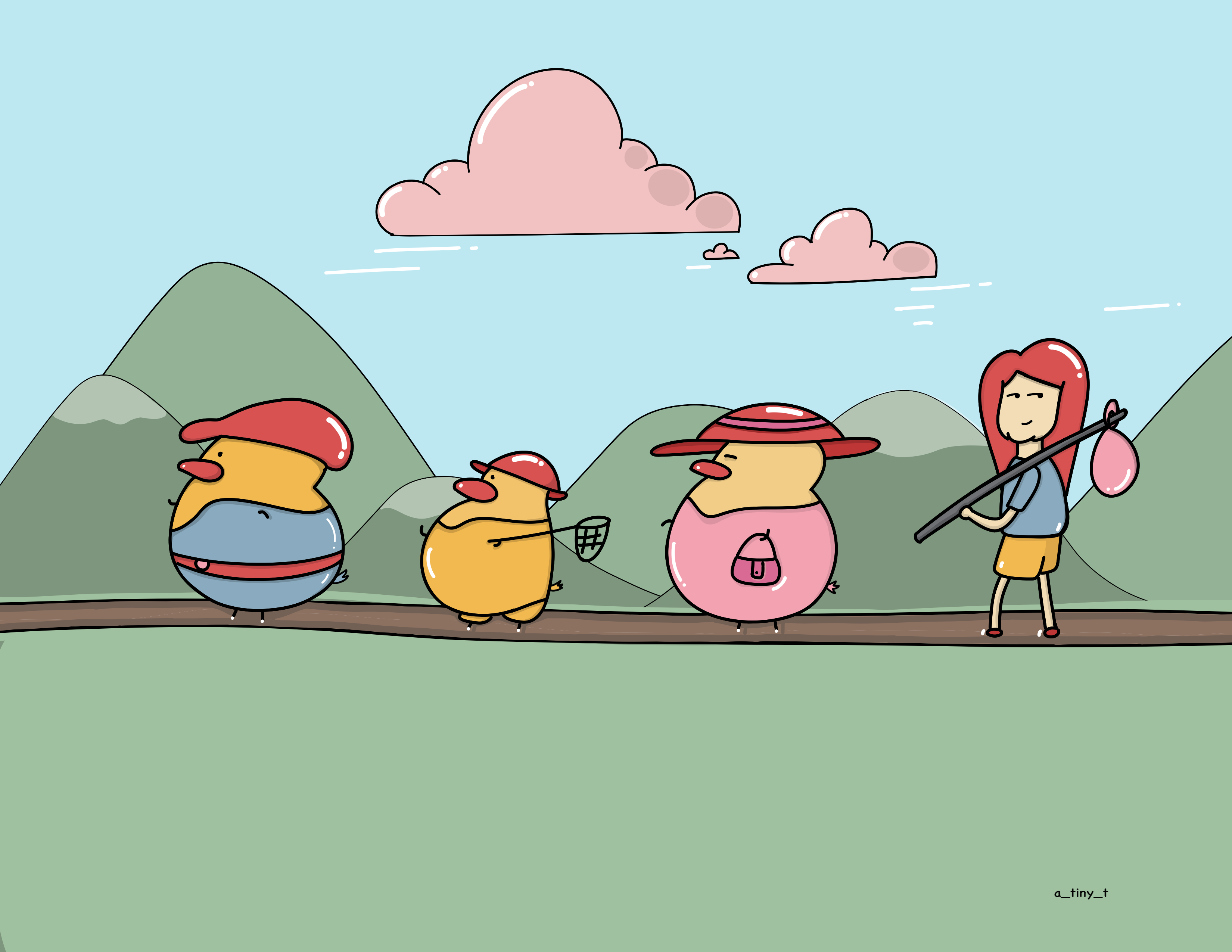 Trekking with friends anime art character design cute drawing ducks graphic design illustration naughty solid trek vector