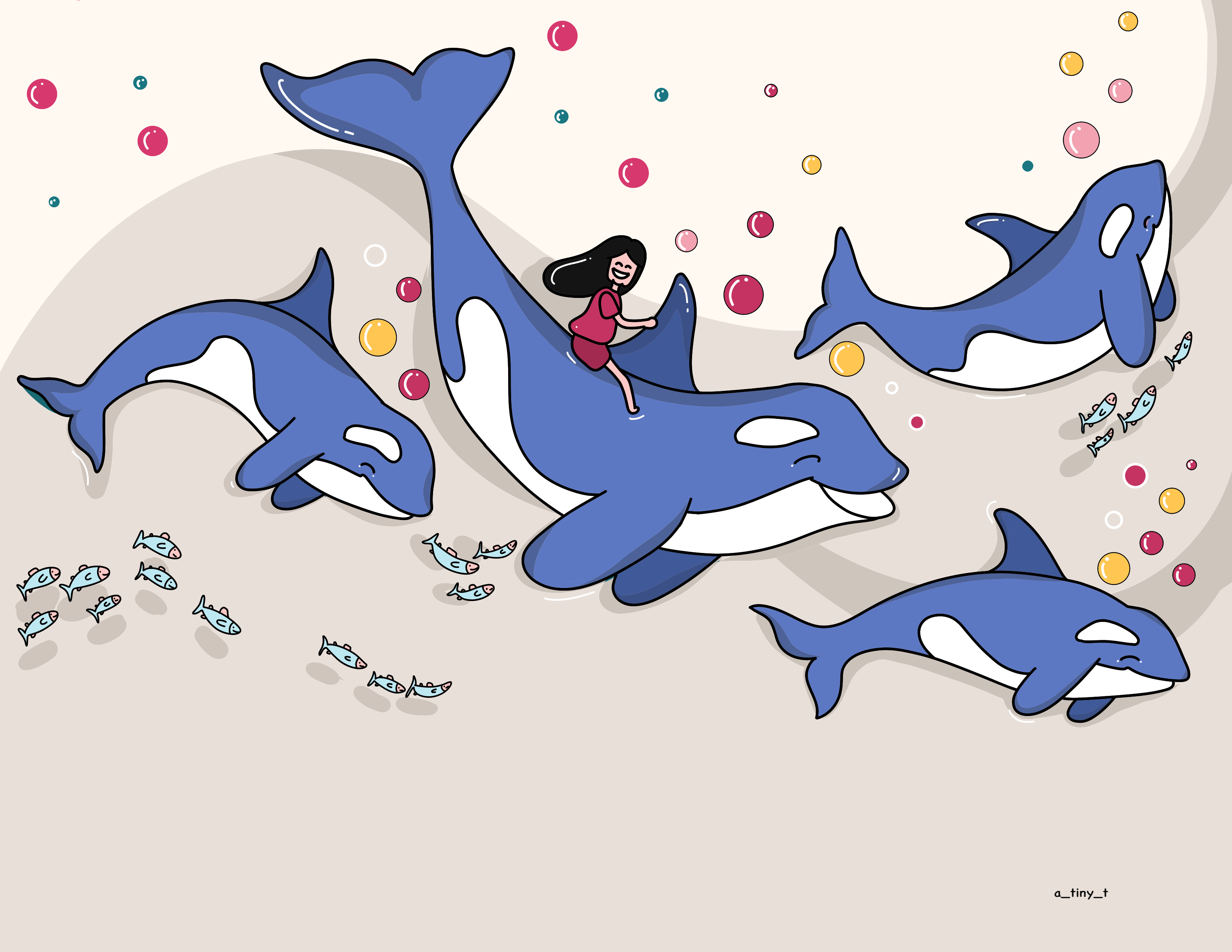 Orca and salmon adventure art caricature character design drawing fish fun graphic design happy illustration imaginary orca salmon solid underwater vector