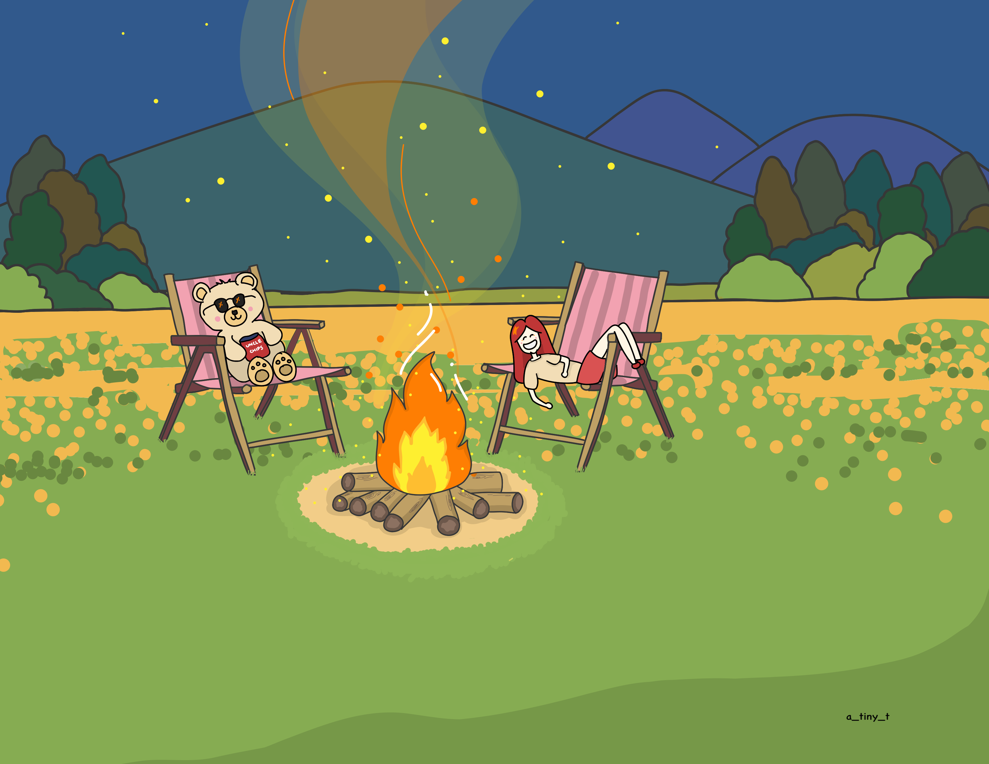 Camping art bonfire camping character design digital drawing drawing friends fun graphic design illustration solid vector