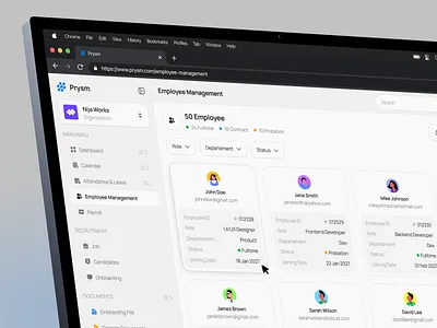 Prysm — Employee Management admin dashboard b2b dashboard design employee employee management hr dashboard hr management hr tools human resources management product design recruitment saas dashboard saas design team management team members ui ux