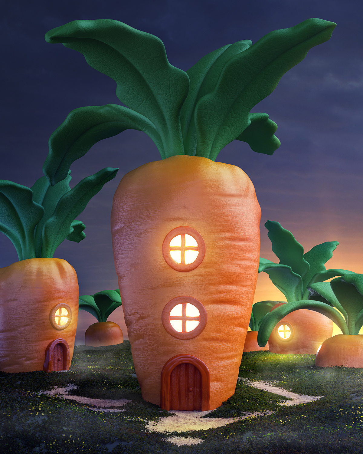 Carrot village 3d art background blender carrot children concept environment fairy food home house illustration print render tiny toy vegetable village