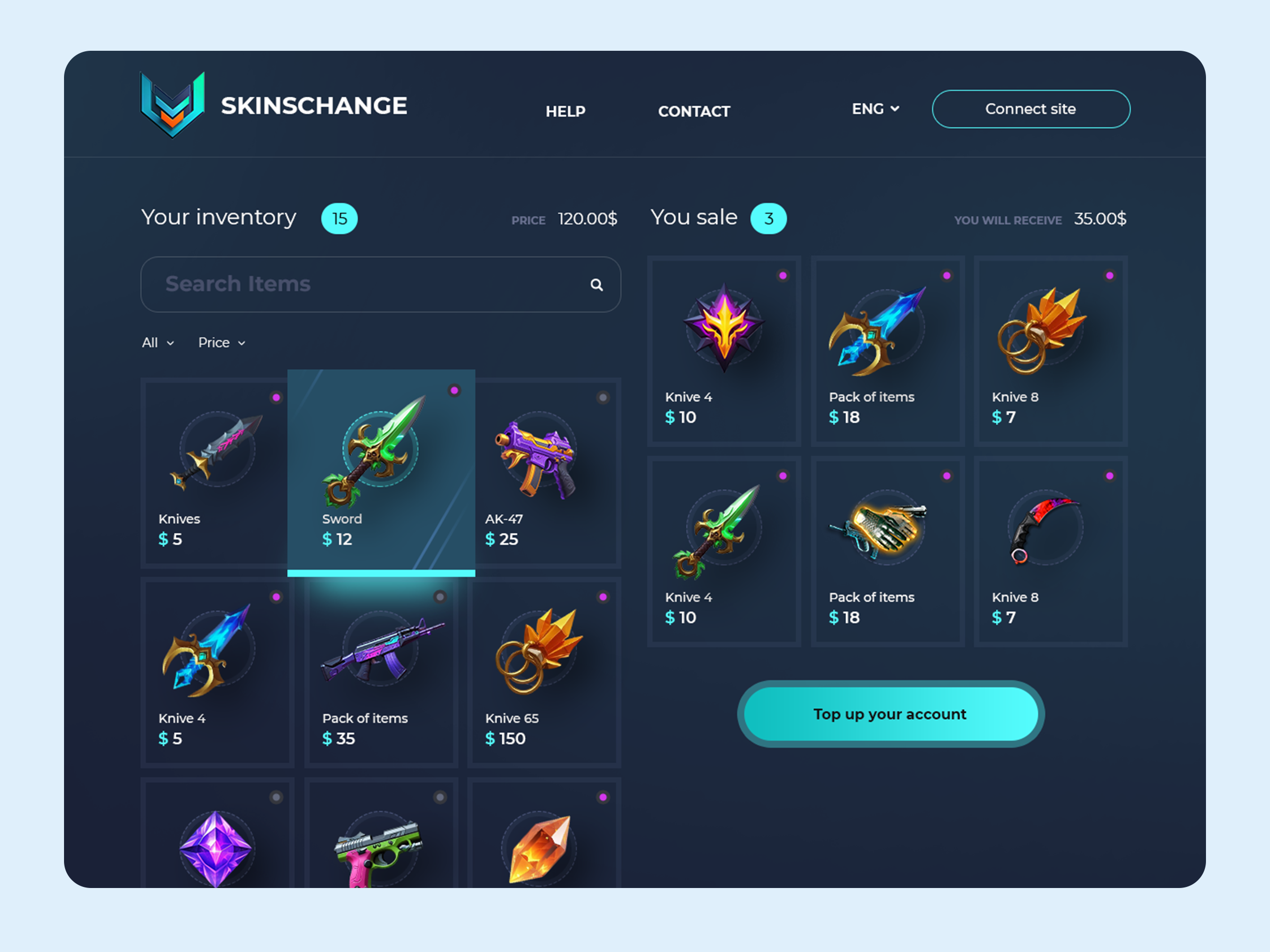 Game Items Trading Dashboard admin panel cryptocurrency style csgo dark ui dashboard digital marketplace dota 2 fintech ui game items game marketplace gaming ui inventory management modern interface platform design product design saas dashboard trading platform ui design ux design web app design