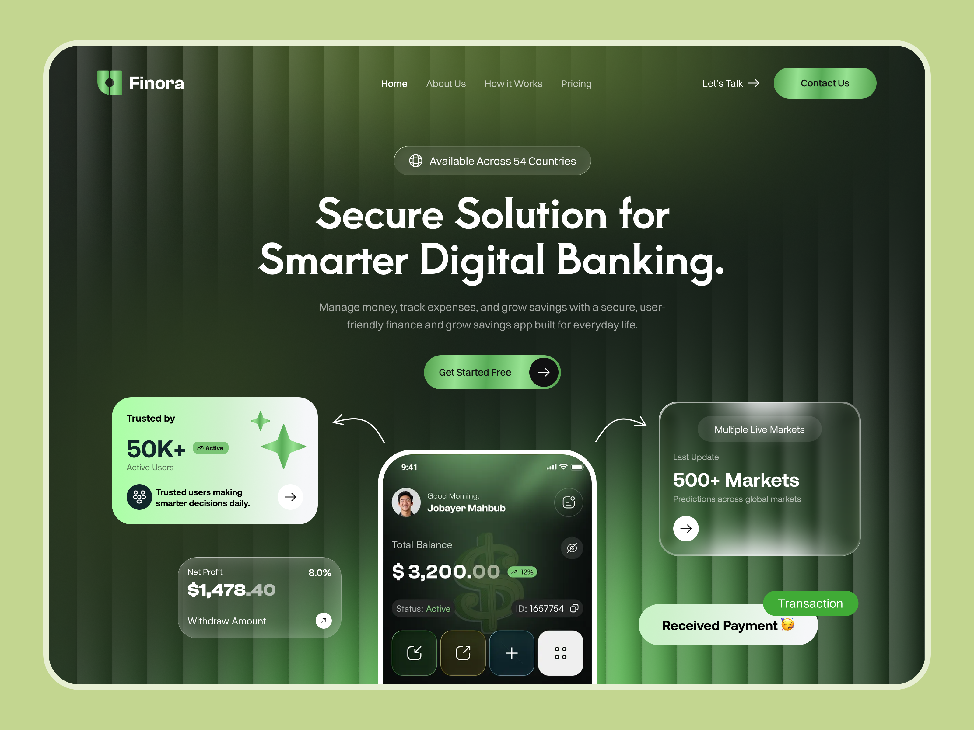Finora — Smarter Digital Banking app Landing Page UI bank banking banking app banking web finance finance app finance web fintech header header concept header design hero landing page landingpage money management money trasfer ui