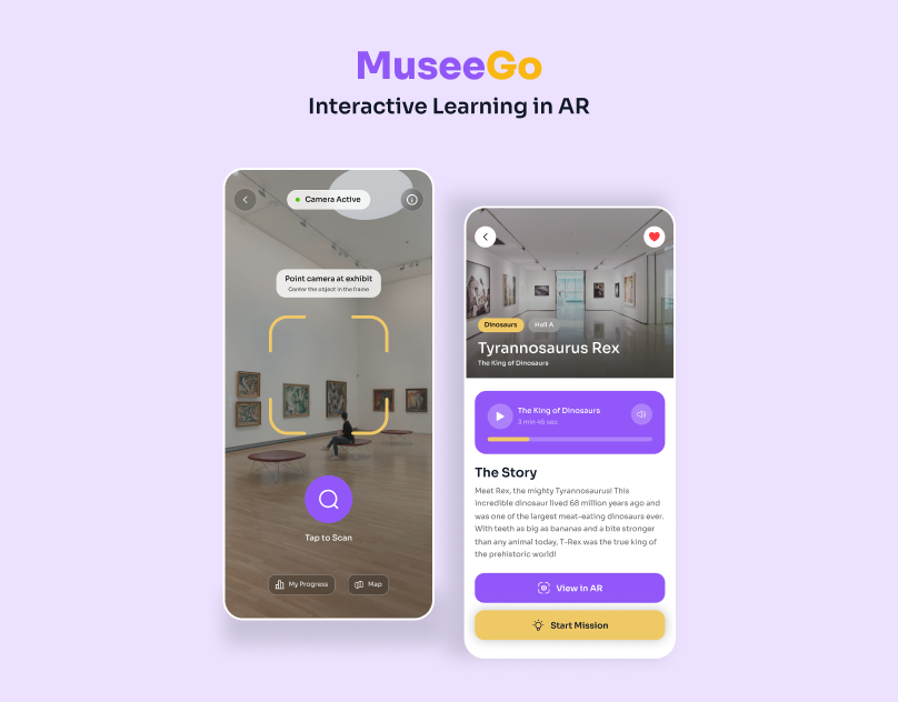 MuseeGo - Interactive Museum AR Companion App ar app design ar mobile app figma figma design ios app design kids friendly app design mobile app design museum app playful mobile app quiz modul ui design uiux design uiux designer