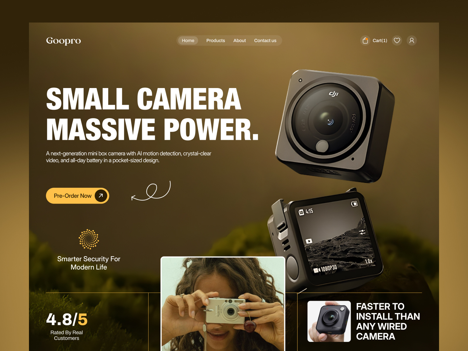 Goopro - Power, packed into pocket size Camera sell ecommerce branding camera camera sell ecommerce development ecommerce goopro graphic design header section hero landing page logo mobile hero responsive shopify techwitpro uiux webflow website website design