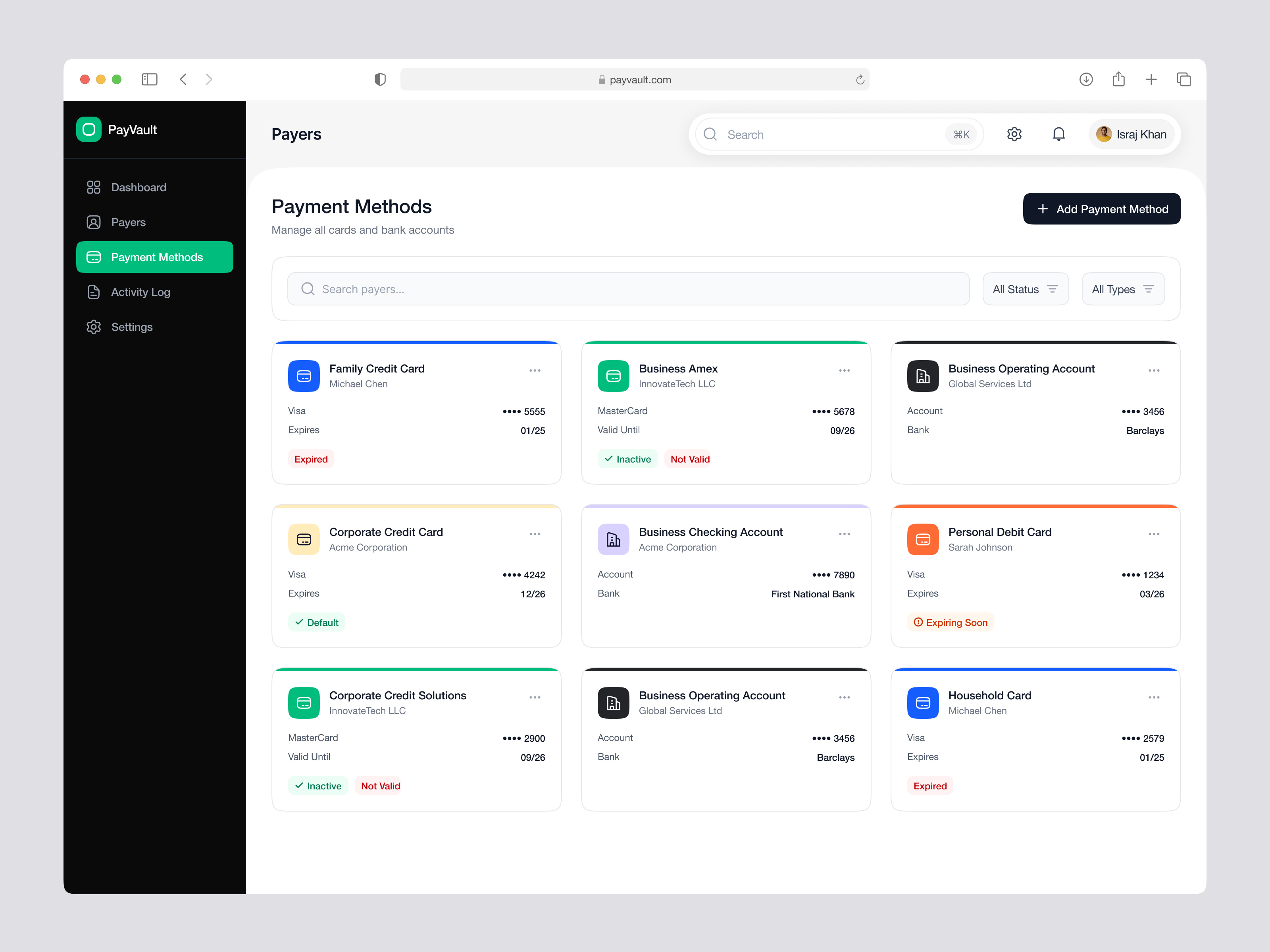 PayVault – Payment Methods Screen adminpanel bankinginterface cardsandbanks creditcardui dashboardui enterprisefintech financialdashboard fintechdashboard fintechui modernsaas paymentmanagement paymentmethods paymentstatus productdesign riskmanagement saasproduct securepayments uidesign uxdesign webappdesign