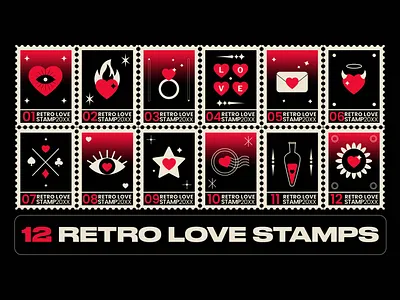 Retro Love Stamps badges card gift heart icon kiss love mail postal postcard retrolove romantic stamp valentine valentineday