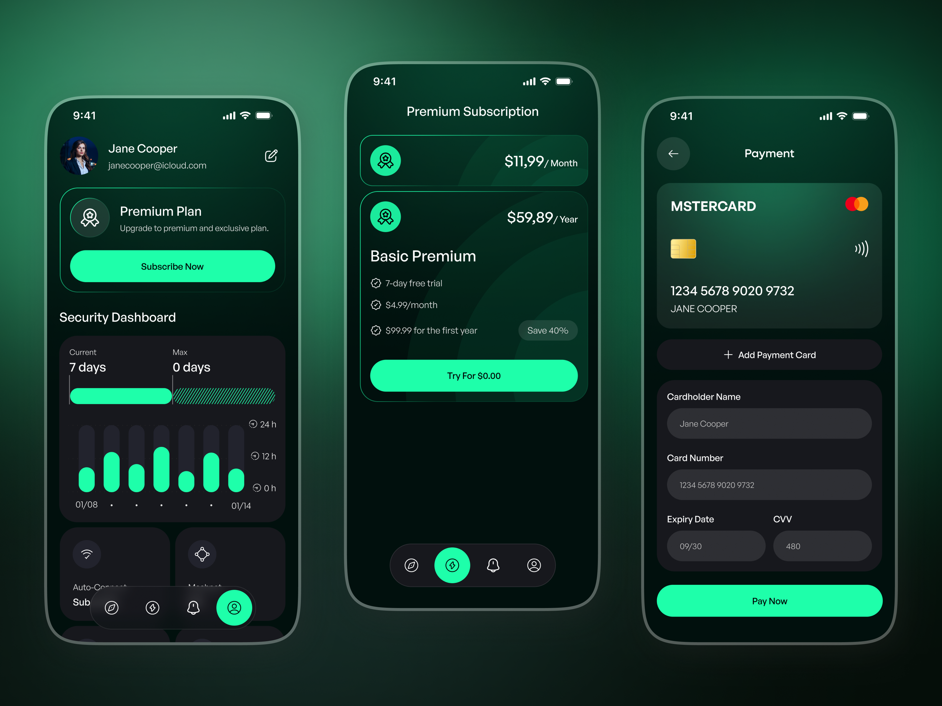 VPN Subscription & Payment App UI app design cybersecurity dark ui digital security ios ios app mobile mobile app mobile ui network nordvpn privacy product design secure connection security app tech app ui design ux design vpn vpn app