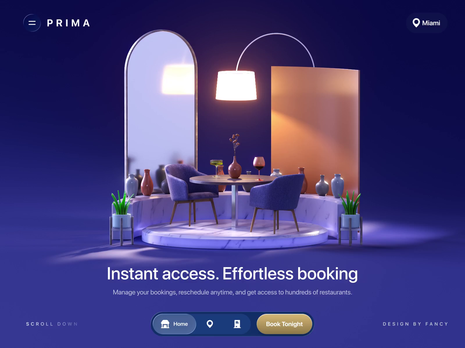 Example of Prima Booking landing page web design 3D animation
