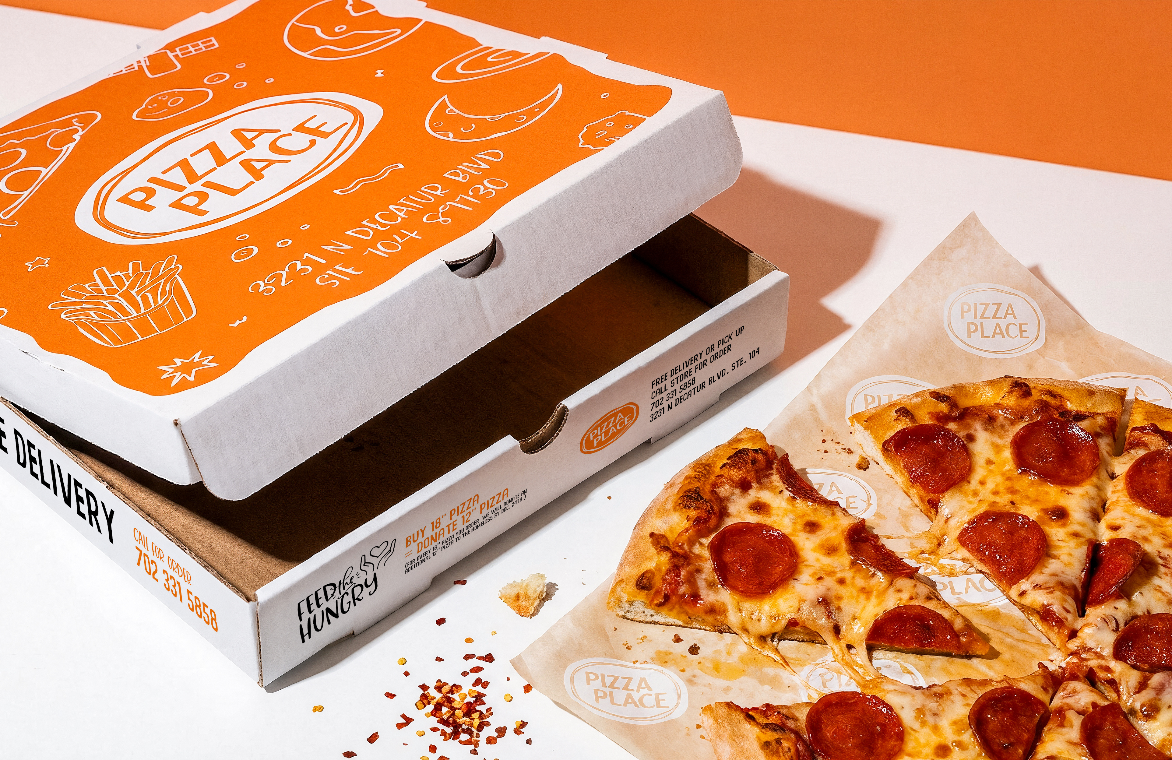 Pizza Place Branding branding design graphic design hand drawn illustration logo orange pizza pizza box pizzaria pizzeria playful restaurant vector young