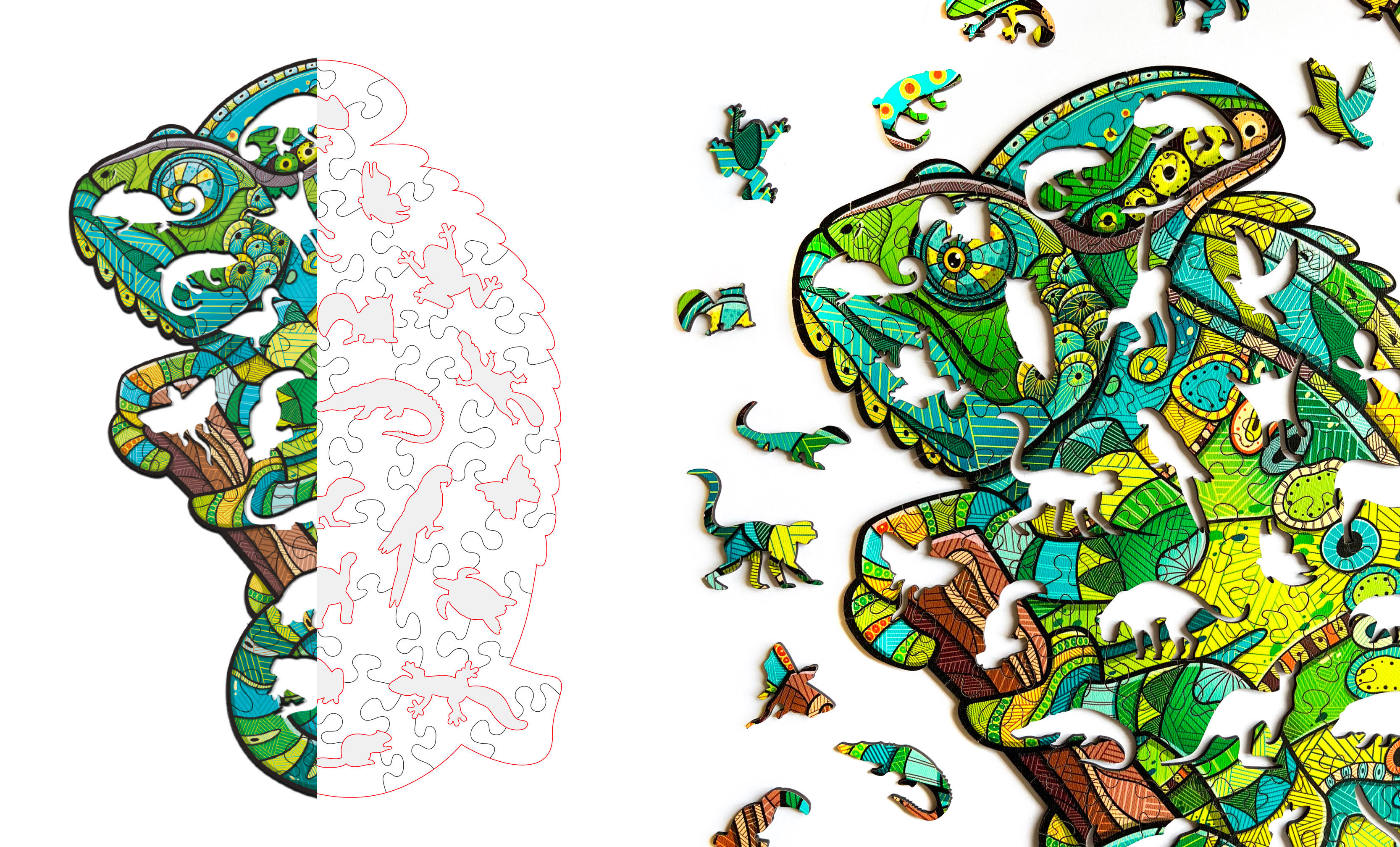 Chameleon. Illustrated Wooden Puzzle animal illustration animalistic box die cut graphic design illustration jigsaw puzzle laser laser cut outline packaging design print design puzzle design stylised animal toy vector whismy pieces wooden puzzle