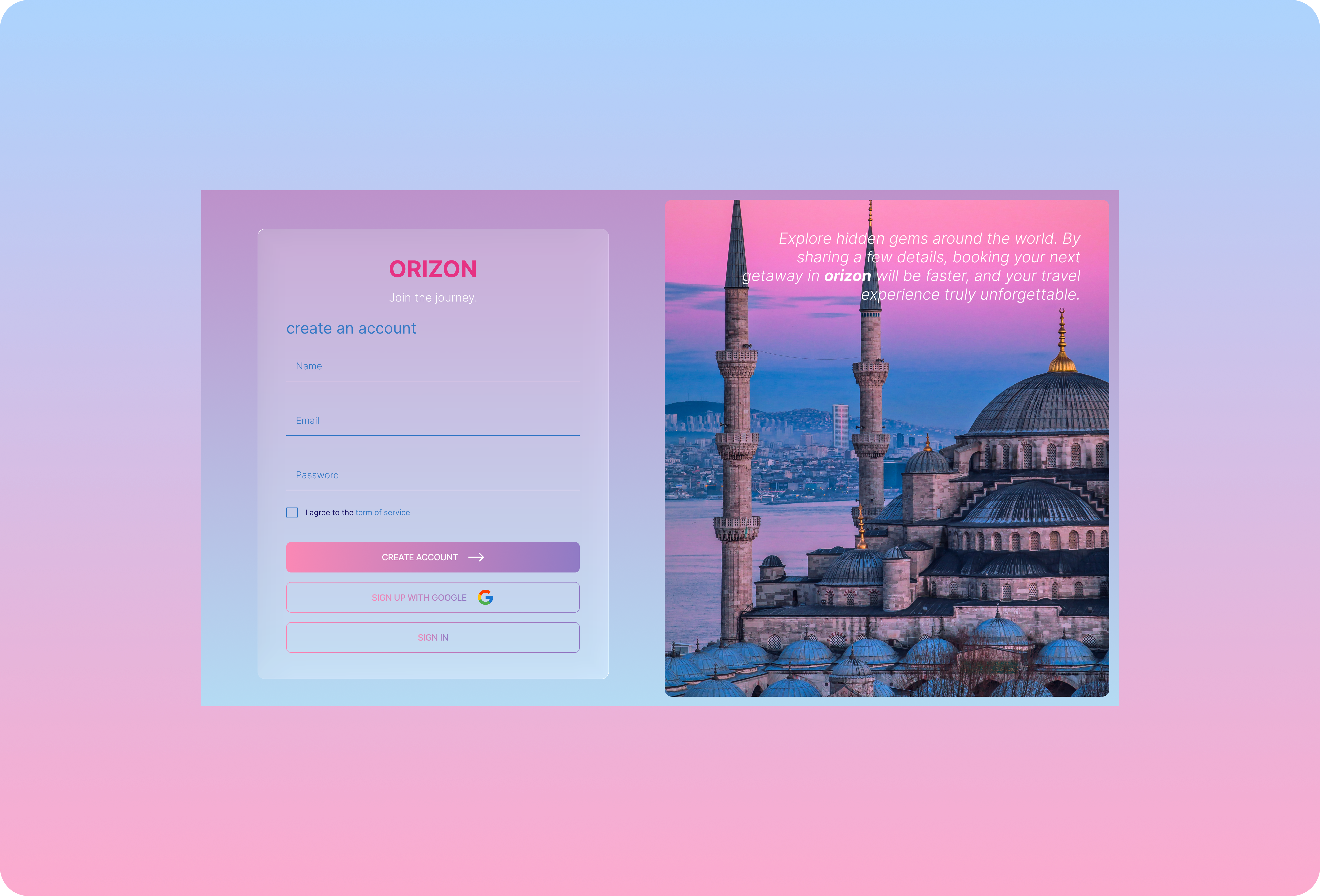 Orizon — Travel Discovery Platform | Create Account Screen auth cleanui create account createaccount figma form gradient input interface login minimalism modernui onboarding signup softdesign travel travel app ui uiux web design