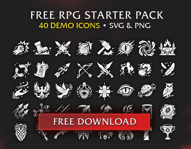 FREE RPG Game Icon Starter Pack – 40+ Demo Vectors (SVG & PNG) download game icon pack free demo free download game icon game icons pack game ui gameicons rpg icon pack rpg starter pack svg free icons