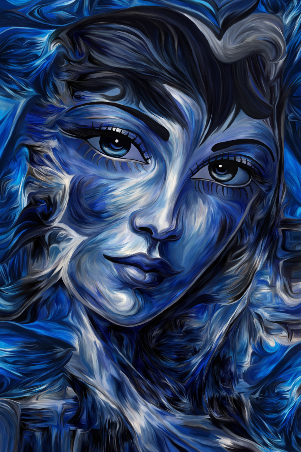Blue Silence abstract figurative blue portrait contemplative artwork contemporary art digital illustration digital painting emotional abstraction emotional depth expressive art feminine figure inner reflection introspection painterly texture serene blue silent dialogue