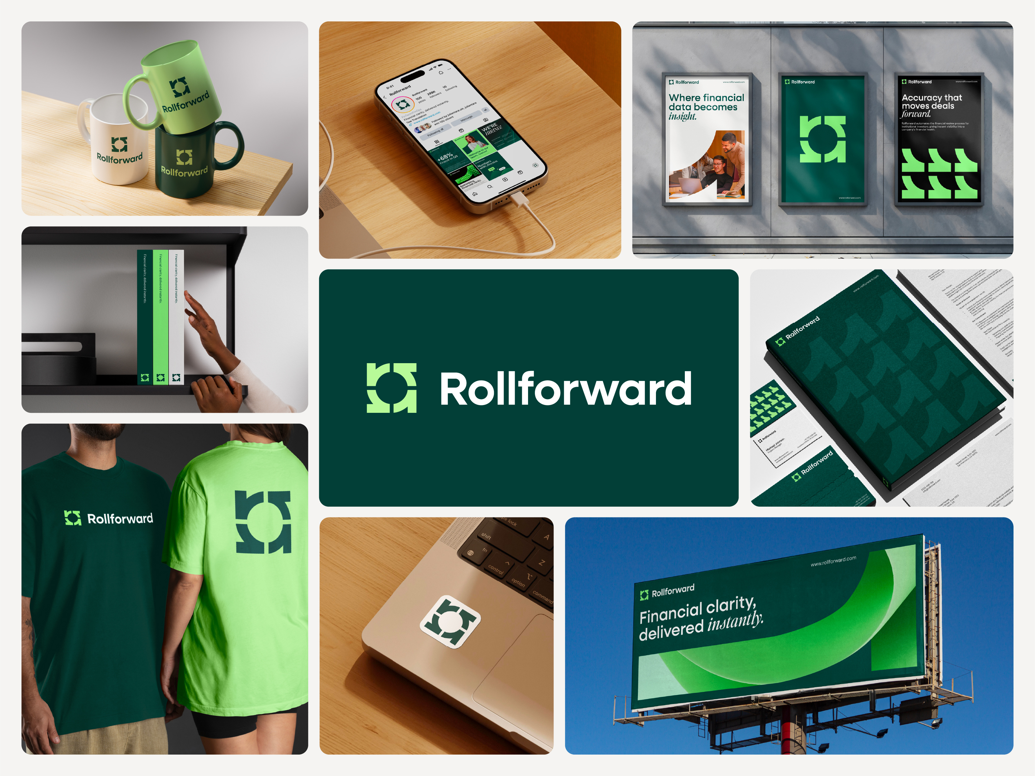 Rollforward Visual Identity ai arrow automating branding circle finance fintech forward investing investors letter r logo roll rolling saas square timeless
