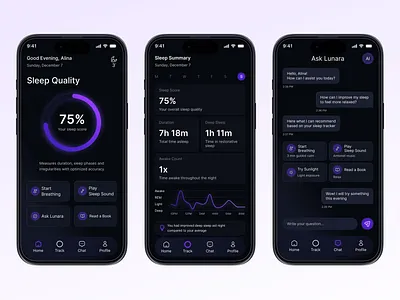 Sleep Analytics Mobile App ai app appdesign chatbot clean darkui dashboard health interface ios minimal mobile mobileapp sleeptracker uiux uxdesign wellness wellnessapp