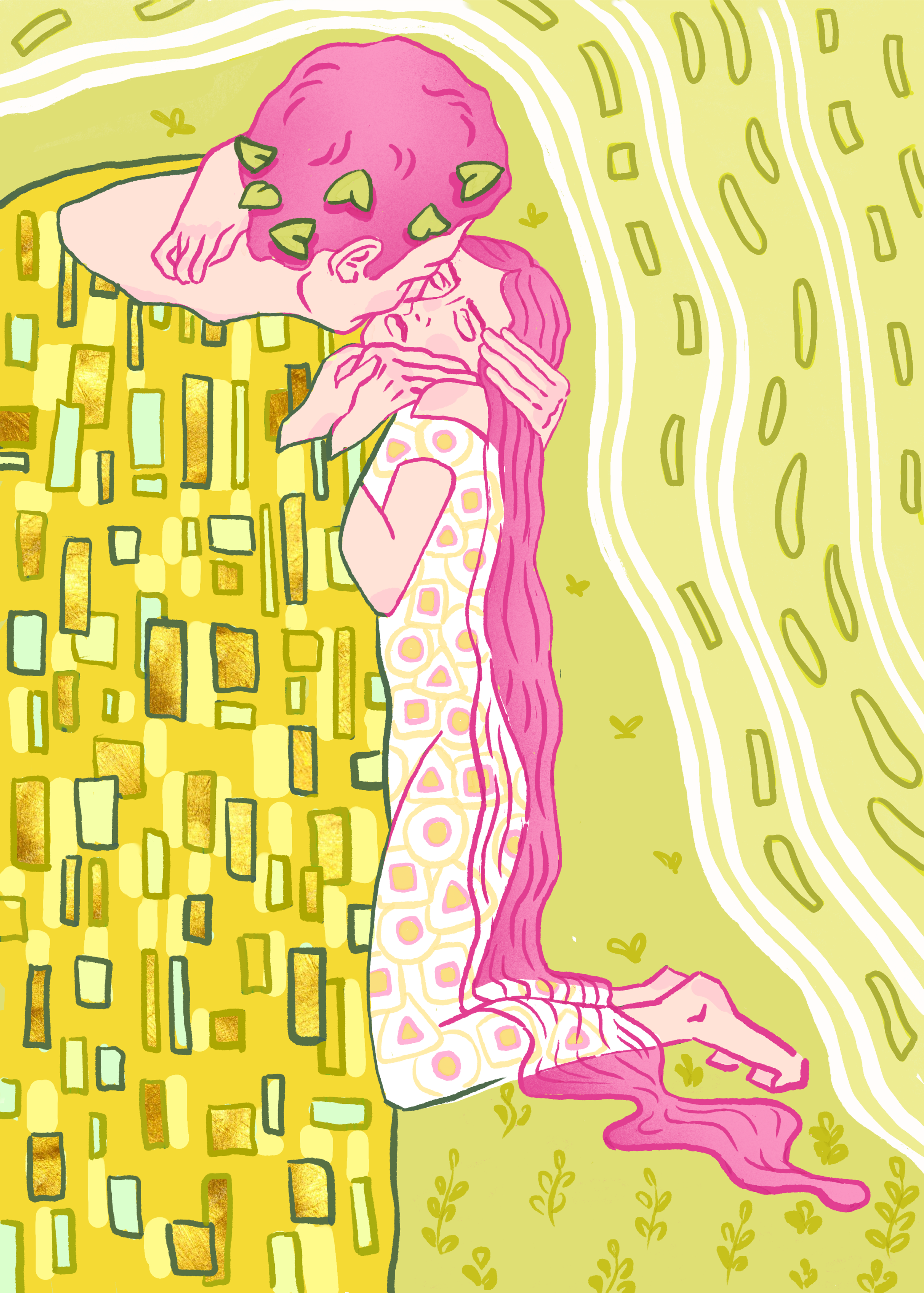 Organic Embrace anathomy boy bright couple digital art girl green hands illustration kiss klimt light man nature pink portrait procreate romantic woman