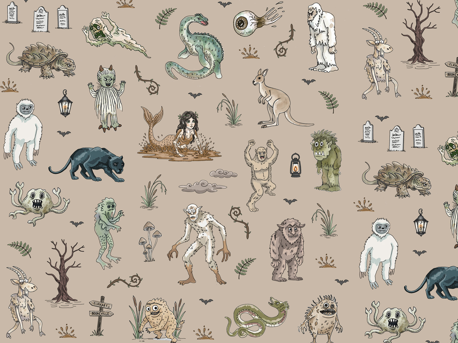 Indiana Cryptids Illustrated Collection badge illustration badges cryptid art cryptids design field guide folklore folklore illustration hand drawn handdrawn icon design line art mythical creature pattern illustration repeat pattern retro retro graphics surface pattern vintage illustration