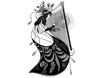 Harp Nouveau art nouveau black and white branding dreamy feminine graphic illustration harp illustration illustrator music musician mystical occult spiritual