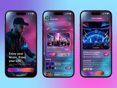 Music Event Booking Mobile App Design app concept app design clean design concert booking entertainment app event booking app event discovery live music minimal design mobile app mobile app design mobile ui modern app music app music event visual design