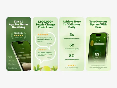 App Store Screenshots | Breatheo Breathing & Wellness App androiddesign appdesign appmarketing appscreens appstore availableforwork breathingapp healthapp iosdesign meditationapp mindfulness mobiledesign playstore productdesign screenshots uidesign uiux wellnessapp