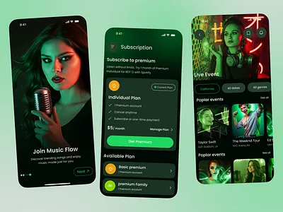 Music Streaming & Live Event Mobile App UI app app design artists concert app entertainment app event booking ios live event mobile app mobile ui modern ui music app music platform music streaming playlist premium plan streaming app subscription app ticket app ui design