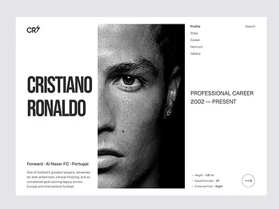 Cristiano Ronaldo Profile UI – Minimal, Bold, and Iconic cr7 creativeui cristiano ronaldo designinspiration designshowcase designthinking editorialdesign football player profile hbd cr7 hbdcristianoronaldo ibrahimuix minimal portfolio ui design minimalui player profile portfoliodesign profiledesign typographydesign uxcasestudy visualhierarchy webdesign