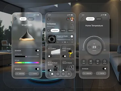 Smart Home Glass Mobile App. app design cooling dashboard futuristic ui glass heating home home automation iot lite mobile app mobile ui overview smart home ui ui inspiration ux ux design