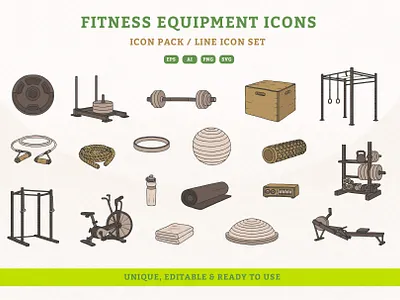Functional Fitness Equipment Icon Set app app ui branding design fitness fitness icons gym gym icons health health app icons iconset illustration lineicons outline sports ui vector workout workout icons