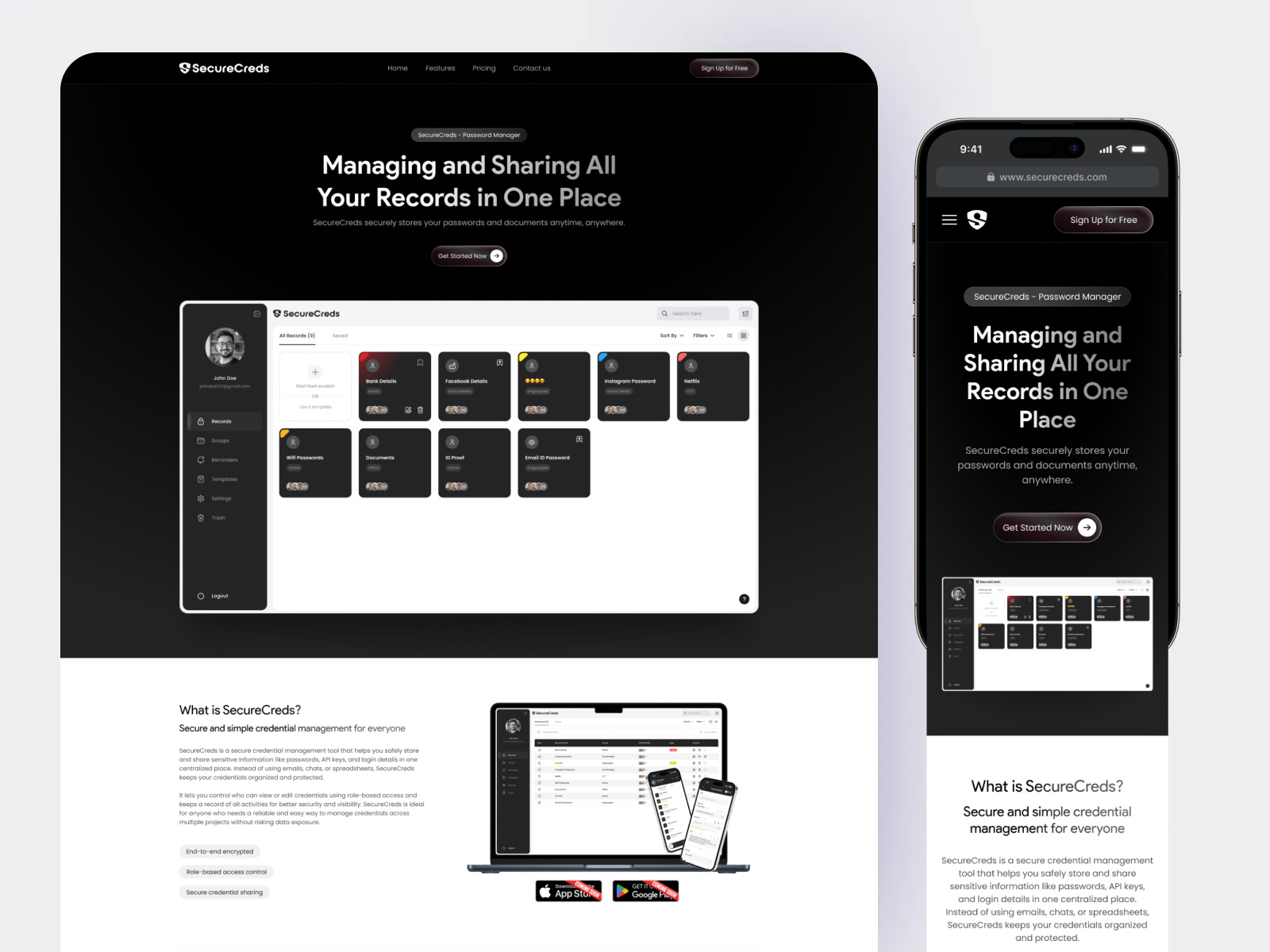 SecureCreds - Secure Records Management Dashboard UI dark ui dashboard ui data management product design saas design security dashboard ui ux design web app design