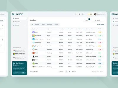 Invoice Management Dashboard bulk actions clean dashboard data visualisation design drawer edit integrations interface invoice invoice grabber invoice manager management navigation product sidebar table ui ux web app