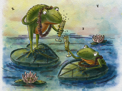 TWO FROGS DRINKING CHAMPAGNE. animals cartoon frogs celebrating champagne digital illustration digital watercolor digital watercolour drinking frogs funny frogs holiday illustration nature pond water lilies watercolor watercolour
