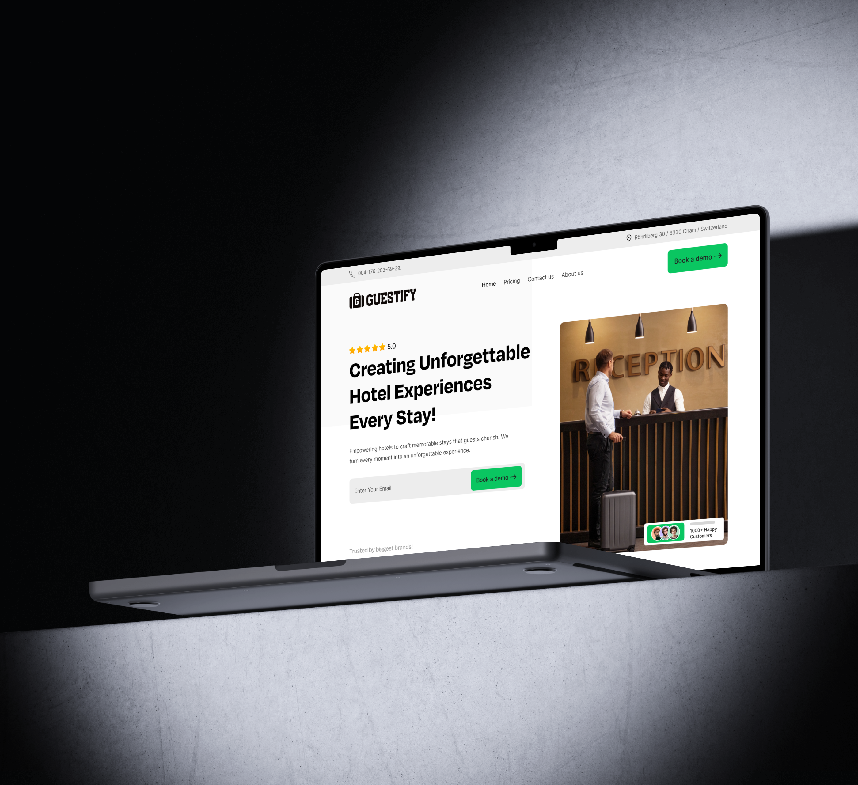 Guestify — Hospitality SaaS Landing Page b2b saas clean ui conversion design crm software dashboard ui desktop ui figma design hero section hospitality tech hotel management marketing website modern ui product design saas landing page startup website typography ui design ux design web design website design