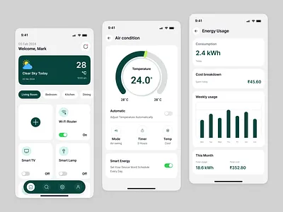 Home Automation & Energy Analytics App analytics app design clean design dashboard energy app energy monitoring green ui home automation iot design minimalism mobile app smart device smart home uiux zendeeps