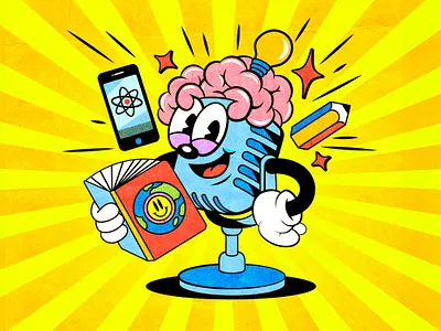 Podcast Brain Mascot 1930s brain cartoon character design illustration mascot mic old cartoon old school podcast retro vintage