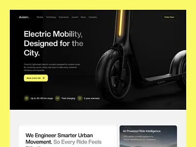 Electric Scooter Landing Page — Axion Smart Mobility UI/UX automotive ui axion design branding clean minimalism dark mode ui e bike ebike electric mobility electric scooter ui electric vehicle ev landing page modern web design neon ui product showcase smart mobility sustainability tech ui ux