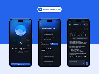 Aurenix – AI Chat App UI Kit ai assistant ui ai chat app chatbot design conversational ui dark mode ui figma design system llm app design messaging app ui mobile app ui kit saas ui wrteam design