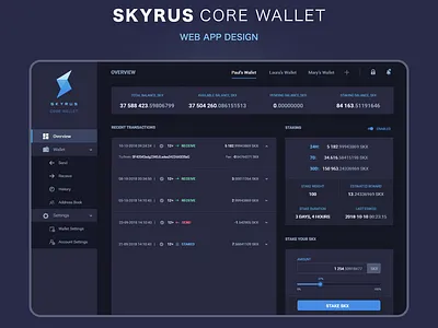 Skyrus CORE WALLET - Web App UI/UX Design crypto app crypto trading cryptocurrency dark mode dark ui finance app fintech fintech app ui design uiux ux design wallet app web app web wallet