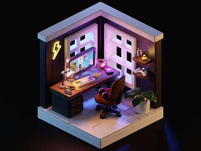 Tiny Gamer Room 3d blender diorama gaming illustration isometric tiny ui
