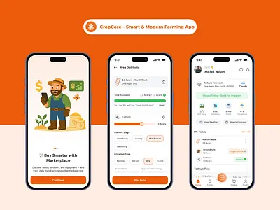 CropCore – Smart & Modern Farming App UI Kit agriculture app design agritech ui farm management app farming app ui figma ui kit iot agriculture marketplace app ui mobile app ui kit smart farming ui wrteam design